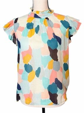 THML Woman’s Colorful Abstract Print Flutter Sleeve Dress Pastel Top Size Small